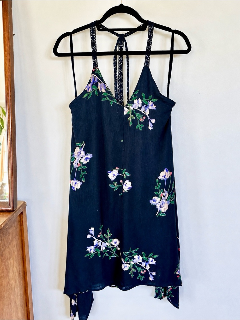 O’Neill Floral Handkerchief Hem Dress XL Navy Crochet Tie Straps Boho